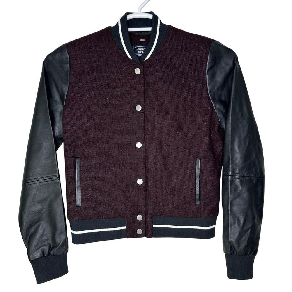 Abercrombie & Fitch Womens Small Jacket Bomber Varsity Wool Snap Up Maroon Black